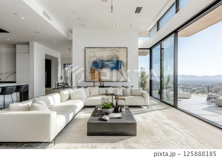 Modern living room design luxurious home interior photography bright atmosphere wide view contemporary style 125888185