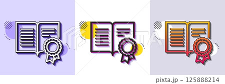 Diploma with Medal line icon. Halftone dotted pattern. Gradient icon with grain shadow. Certificate document symbol. Approved badge or Winner medal sign. Line diploma icon. Various designs. Vector 125888214