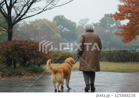 A woman is walking her dog in the rain 125888216