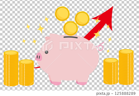 帶錢和箭頭的豬存錢罐插圖 125888289