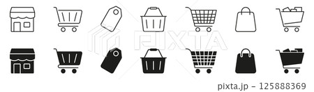 Shopping And Retail Icon Set. E-Commerce, Online Shopping, And Retail Store Symbol Collection. Includes Shopping Carts, Bags, Tags, And Baskets. Isolated Vector Illustration Shopping And Retail Icon Set. E-Commerce, Online Shopping, And Retail Store Symbol Collection. Includes Shopping Carts, Bags, Tags, And Baskets. Isolated Vector Illustration 125888369