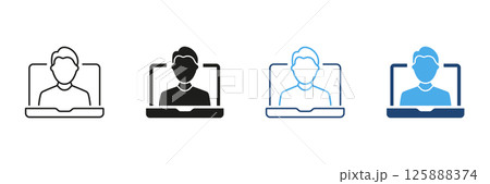 Person On Laptop Screen Icon Set. Virtual Meeting, Online Communication, And Remote Work Symbol Collection. Digital Interaction And Video Conferencing Representation. Isolated Vector Illustration 125888374