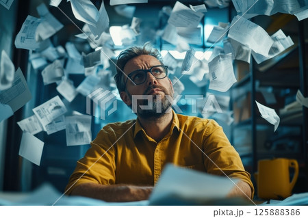 Overwhelmed office worker sorting papers home office digital content indoor close-up stress management strategies 125888386