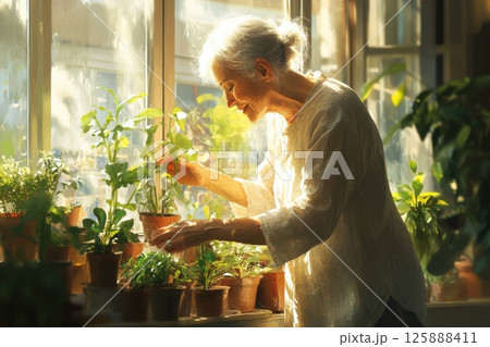 Gardening activity home lifestyle content bright environment close-up viewpoint nurturing plants Gardening activity home lifestyle content bright environment close-up viewpoint nurturing plants 125888411