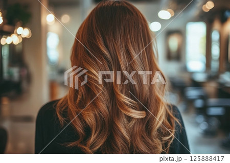 A woman with long brown hair is sitting in a salon 125888417
