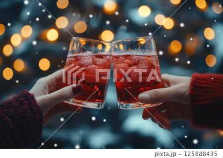 Two people are holding up two glasses of red liquid, possibly wine 125888435