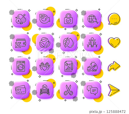 Eu close borders, Leaves and Mineral oil line icons. App 3d buttons. Social media comment, share, like icons. Pack of Washing machine, Cut, Security lock icon. Vector Eu close borders, Leaves and Mineral oil line icons. App 3d buttons. Social media comment, share, like icons. Pack of Washing machine, Cut, Security lock icon. Vector 125888472