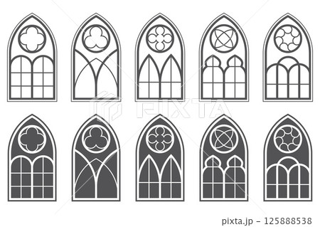 Gothic stained glass frames. Catholic church windows. Silhouettes of cathedral architecture vintage elements. Medieval Christian castle interior decorations on white background. Vector 125888538