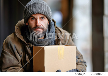 A homeless man with a beard and hat holding a cardboard box, standing in a winter setting. The cold, snowy environment is visible around him, highlighting the harsh conditions of winter 125888632
