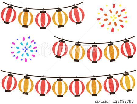 夏祭りの提灯と打ち上げ花火のイラスト素材 125888796