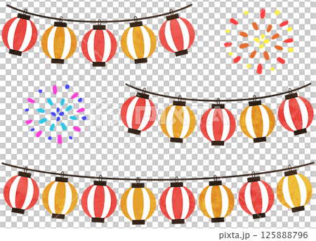 夏祭りの提灯と打ち上げ花火のイラスト素材 125888796