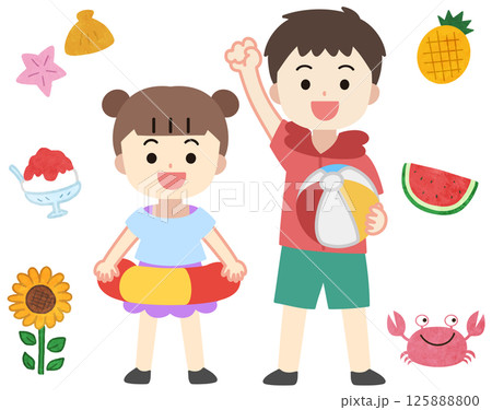 水着の子供たちの夏とアイコンイラスト 125888800
