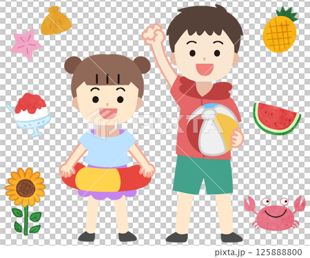 穿著泳衣的兒童夏季和圖標插圖 125888800
