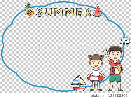 夏季框架插圖，上面有穿著泳衣、戴著講話泡泡的孩子 125888801