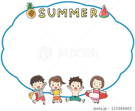 夏に水着でジャンプする子供たちと吹き出しのフレームイラスト 125888803