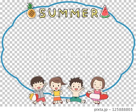 夏に水着でジャンプする子供たちと吹き出しのフレームイラスト 125888803