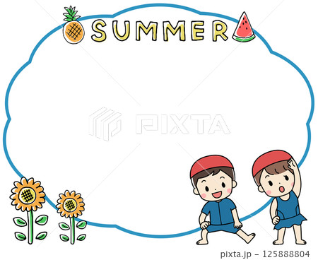 水着の子供たちと吹き出しの夏のフレームイラスト 125888804