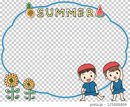水着の子供たちと吹き出しの夏のフレームイラスト 125888804