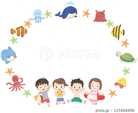 かわいい海の生き物と水着の子供のフレームイラスト 125888806
