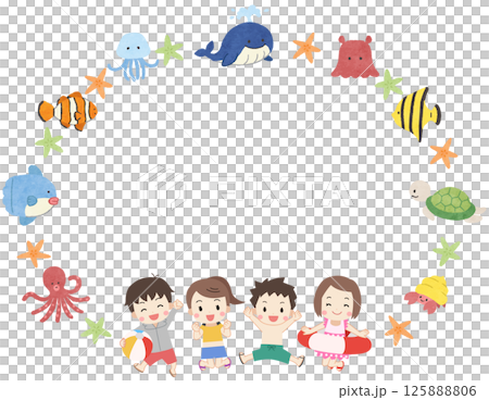 かわいい海の生き物と水着の子供のフレームイラスト 125888806