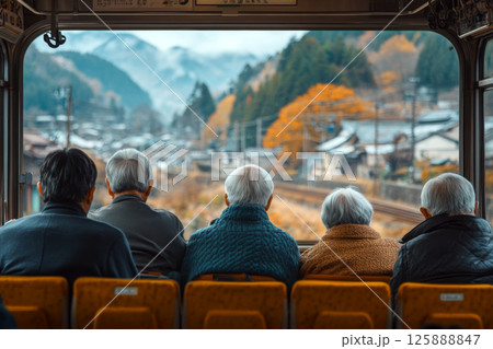 Five people with gray hair sit on a train looking at a scenic view through large windows. Concept of travel and leisure. For travel brochures. 125888847