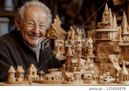Elderly man smiles beside intricate wooden model castle. Concept of craftsmanship and creativity. For hobby photo examples. Elderly man smiles beside intricate wooden model castle. Concept of craftsmanship and creativity. For hobby photo examples. 125888876
