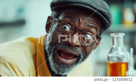 An elderly man with a surprised expression wearing glasses and a hat, next to a bottle indoors. Concept of surprise and curiosity. For reaction images. 125889012