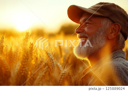A bearded man in a cap smiles joyfully while standing in a wheat field at sunset. Concept of happiness and rural life. For agricultural photo. 125889024