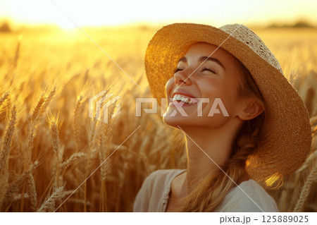 A woman wearing a straw hat smiles joyfully in a golden wheat field at sunset. Concept of happiness and nature. For lifestyle or nature content. 125889025