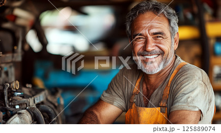 Smiling middle-aged man in workshop wearing orange apron and leaning on machinery. Concept of craftsmanship and contentment. For career photo. 125889074
