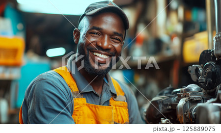 Man in workshop smiling, wearing orange overalls and cap, surrounded by tools. Concept of workshop and craftsmanship. For promoting skilled trades. 125889075