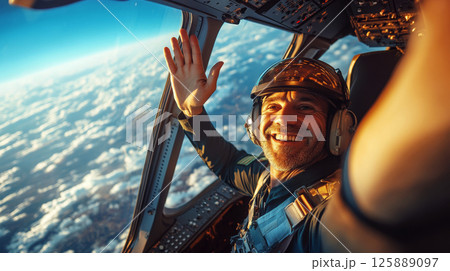Pilot smiling in an airplane cockpit, wearing a helmet and headset, high above the clouds with sunlight streaming in. Concept of aviation and joy. For travel and aviation promotion. 125889097