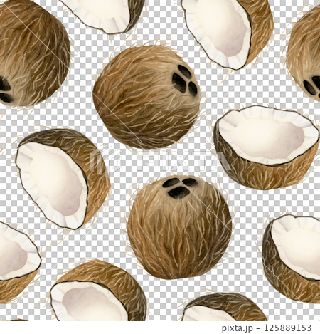 Coconuts watercolor seamless pattern on white. Realistic whole and sliced palm tree fruits repeat background for tropical nature designs and goods. Hand drawn summer food clip art Coconuts watercolor seamless pattern on white. Realistic whole and sliced palm tree fruits repeat background for tropical nature designs and goods. Hand drawn summer food clip art 125889153