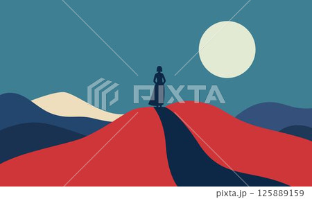 Woman People Silhouette Standing Loneliness on Dune Top Desert Landscape with Full Moon in Night Sky Woman People Silhouette Standing Loneliness on Dune Top Desert Landscape with Full Moon in Night Sky 125889159