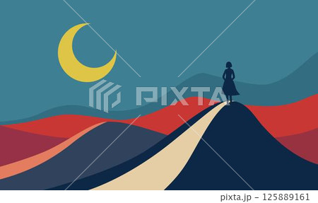 Woman Silhouette Standing Loneliness on Dune Top Desert Landscape with Crescent Moon in Night Sky Woman Silhouette Standing Loneliness on Dune Top Desert Landscape with Crescent Moon in Night Sky 125889161