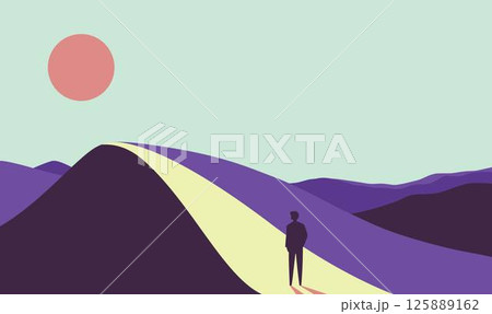 Man People Silhouette Standing Loneliness on Desert Landscape with Sun in the Sky 125889162