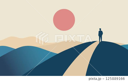 Man People Silhouette Standing Loneliness on Dune Top Desert Landscape with Sun in the Sky Man People Silhouette Standing Loneliness on Dune Top Desert Landscape with Sun in the Sky 125889166