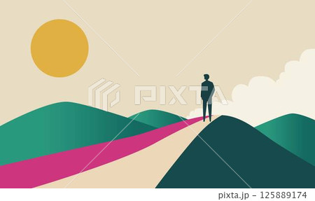 Man People Silhouette Standing Loneliness on Dune Top Desert Landscape with Sun in the Sky Man People Silhouette Standing Loneliness on Dune Top Desert Landscape with Sun in the Sky 125889174
