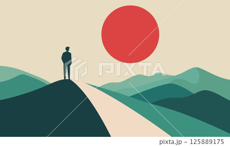 Man People Silhouette Standing Loneliness on Dune Top Desert Landscape with Sun in the Sky Man People Silhouette Standing Loneliness on Dune Top Desert Landscape with Sun in the Sky 125889175