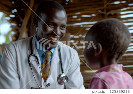 Doctor in a white coat with a stethoscope smiles while talking to a child indoors. Concept of healthcare interaction. For healthcare community photo. 125889238