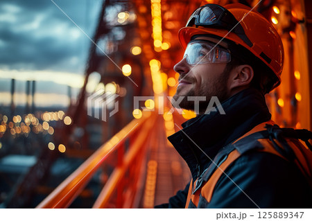 Man in safety gear and helmet stands on construction site at dusk, looking confident. Concept of engineering, safety. For construction safety brochure 125889347