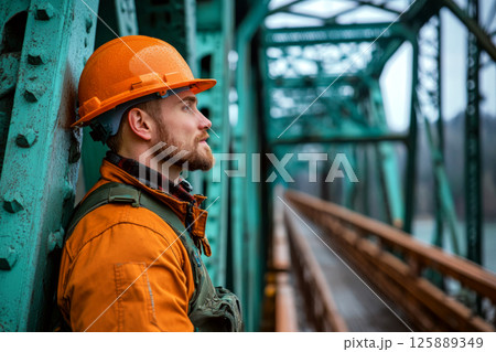 Worker in an orange hard hat and jacket leans against a bridge structure, appearing contemplative. Concept of construction and industry. For worker photo. 125889349