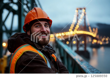 A man in a hard hat and reflective vest smiles on a bridge at dusk, with lights glowing in the background. Concept of construction work and safety. For advertising engineering careers. 125889350