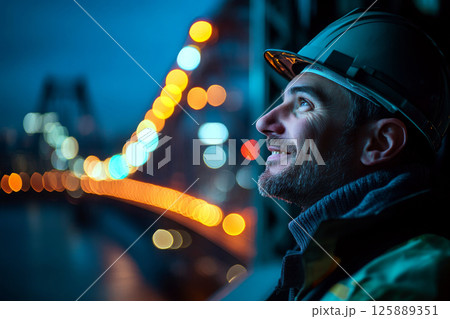 A man in a hard hat looks upward, with colorful, blurred city lights in the background at night. Concept of construction, hope, determination. For construction project design. 125889351
