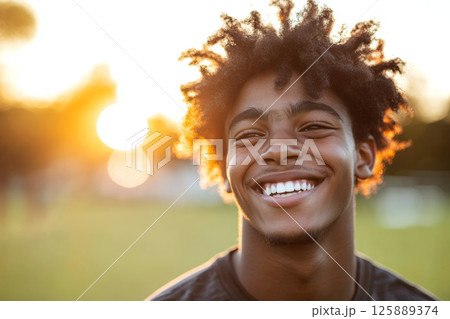 Young person with curly hair smiling in a sunlit field. Concept of happiness and youth. For photos about joy and outdoor activities. 125889374