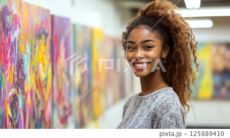 A woman with curly hair and a gray sweater smiles in an art gallery with colorful paintings on the wall. Concept of art enjoyment and appreciation. For art gallery promotion or smiling portraits. 125889410