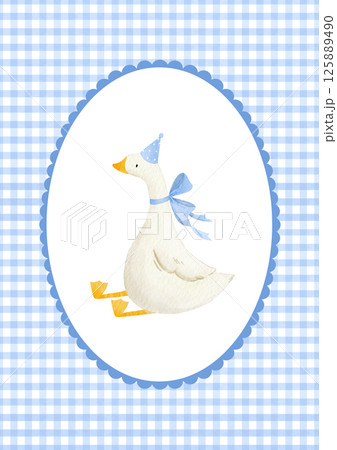 Cute goose illustration. Adorable poster for a boy with an oval frame and goose, farm bird, watercolor cottagecore style, funny character. Childish print and poster, kids' textile and nursery decor 125889490