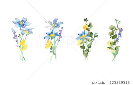 水彩画。水彩タッチの草木と花のナチュラルフレーム。草木のベクターイラスト。 水彩画。水彩タッチの草木と花のナチュラルフレーム。草木のベクターイラスト。 125889518