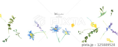 水彩画。水彩タッチの草木と花のナチュラルフレーム。草木のベクターイラスト。 125889528