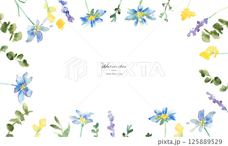 水彩画。水彩タッチの草木と花のナチュラルフレーム。草木のベクターイラスト。 125889529